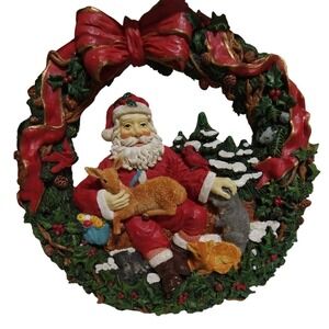 Vintage Santa Woodland Animals Wreath Resin Christmas Wall Decor 1990s